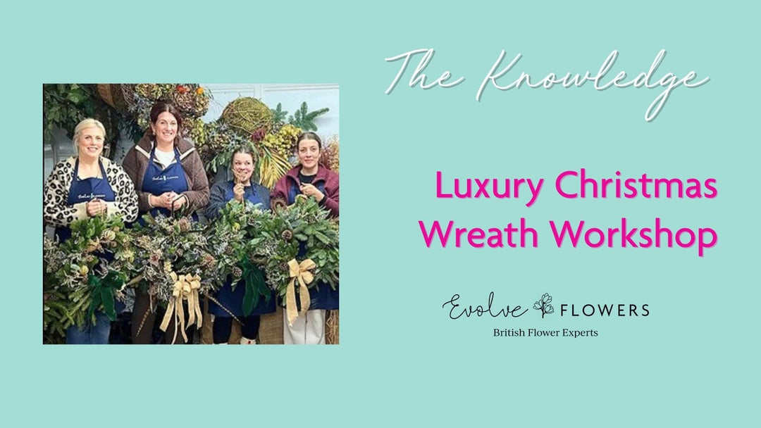 Blog header for Luxury Christmas Wreath workshop showing four past participants with their wreaths.