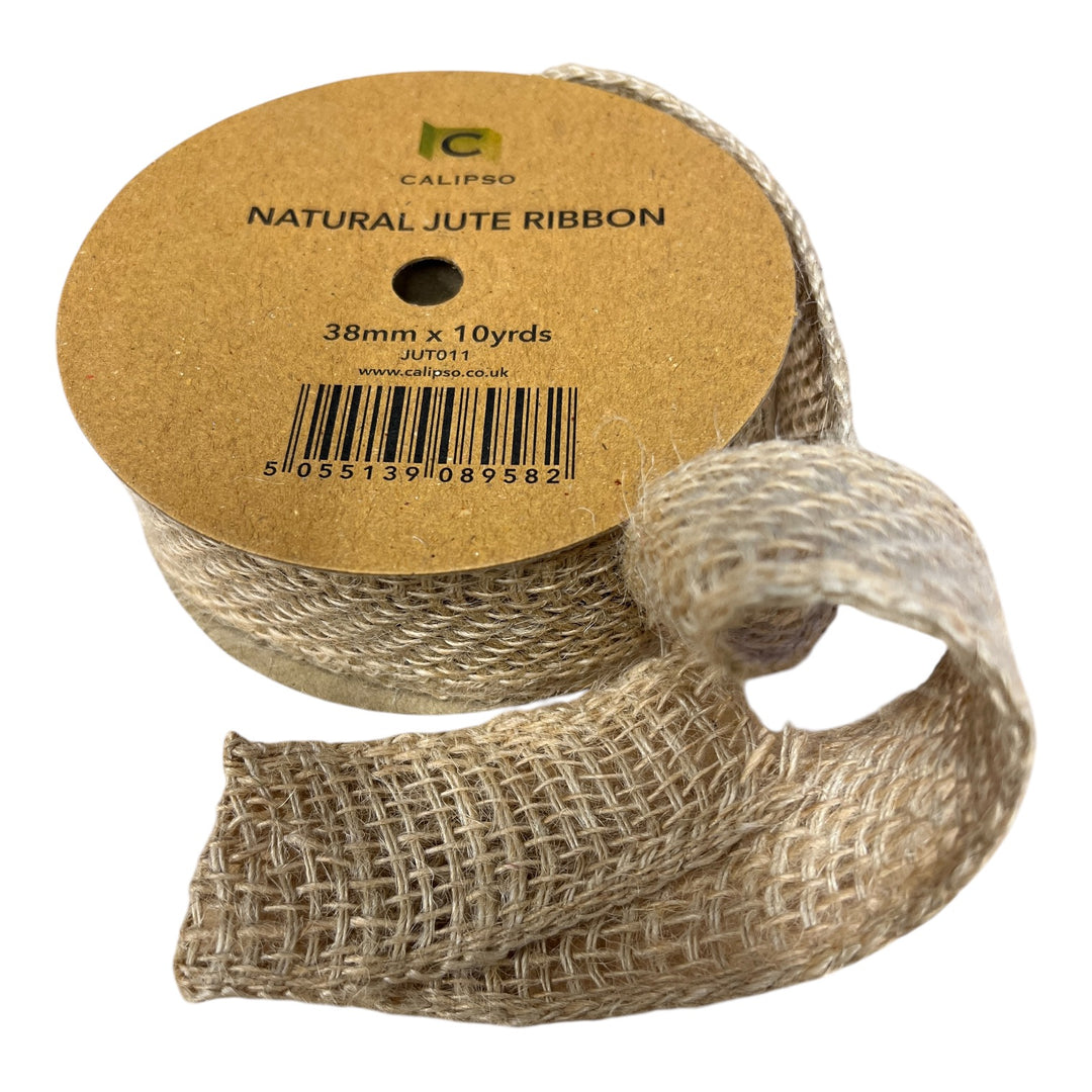 A spool of natural jute ribbon, with the label indicating 38mm x 10yards, on a white background.