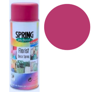 A can of SPRING pro-fort Florist Deco Spray next to a large circular color swatch showing the pink paint color.