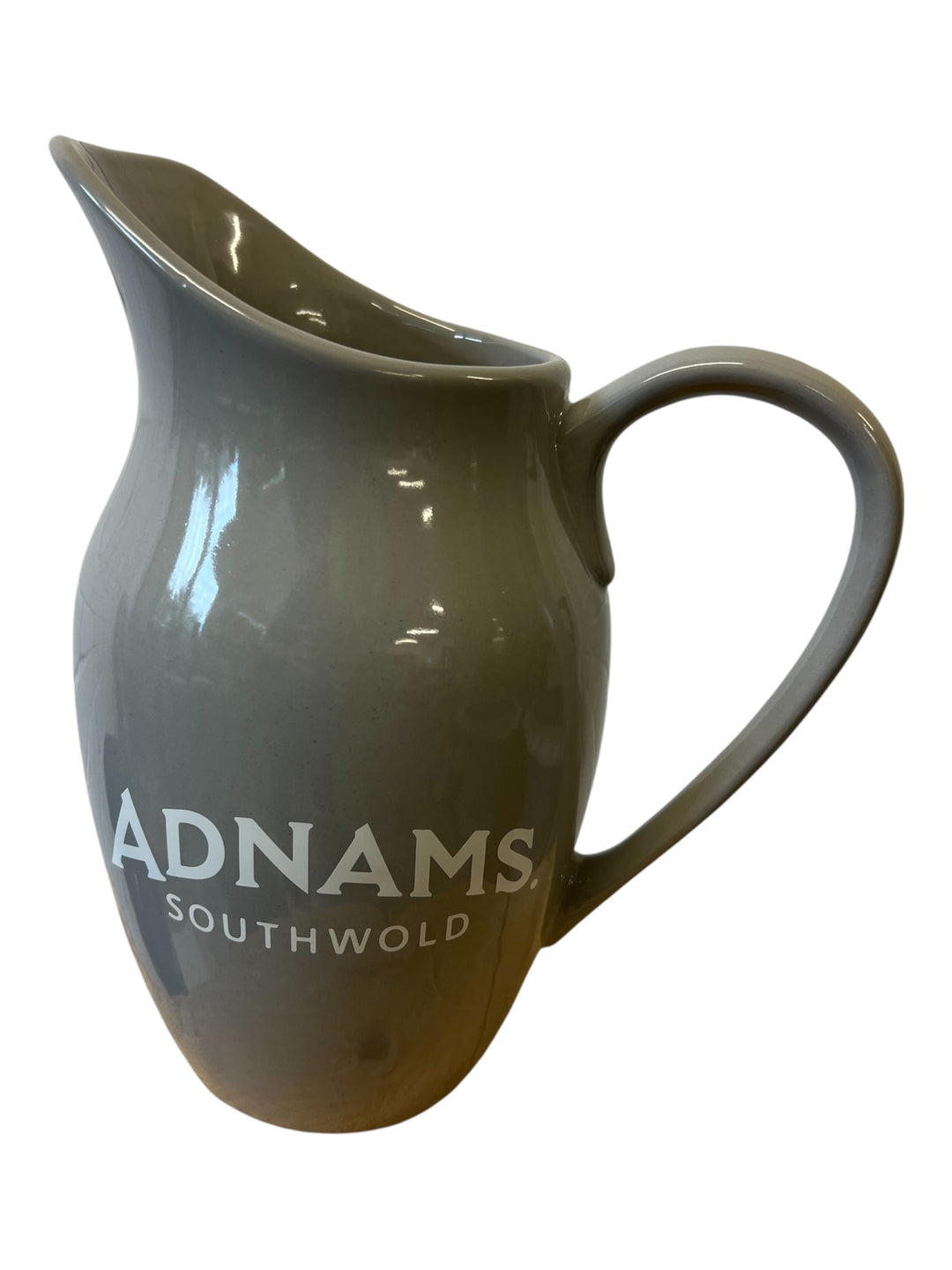Gray pitcher with 'Adnams Southwold' branding on a white background
