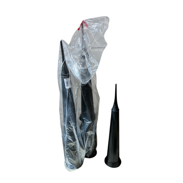 Black carnation vase with a clear plastic cover on a white background