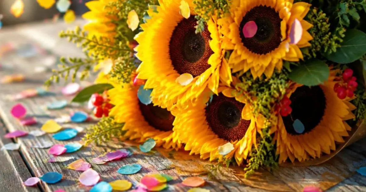 A close-up of a bouquet of bright yellow sunflowers with dark brown centers, green foliage, and scattered colorful confetti on a rustic wooden surface.