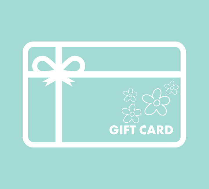 A flat white line drawing of a gift card with a ribbon and flowers on a light aqua background, with the words “GIFT CARD” printed in white.