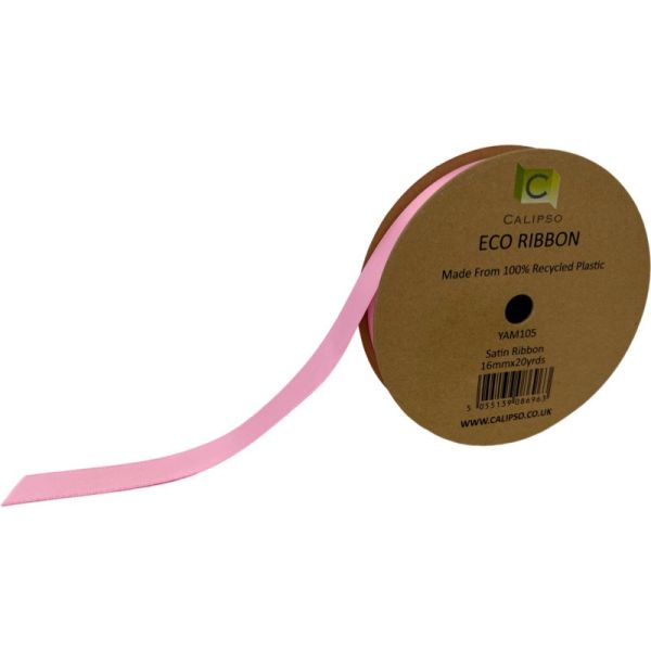 A roll of pink double faced satin ribbon, labeled as ECO Ribbon, made from recycled plastic bottles.