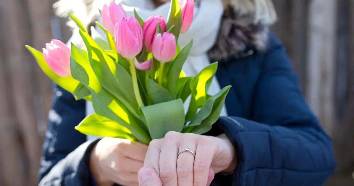 A close-up of a person holding a bouquet of fresh pink tulips with green leaves. The person is wearing a dark navy blue quilted jacket and a white scarf, with a diamond engagement ring visible on their finger.