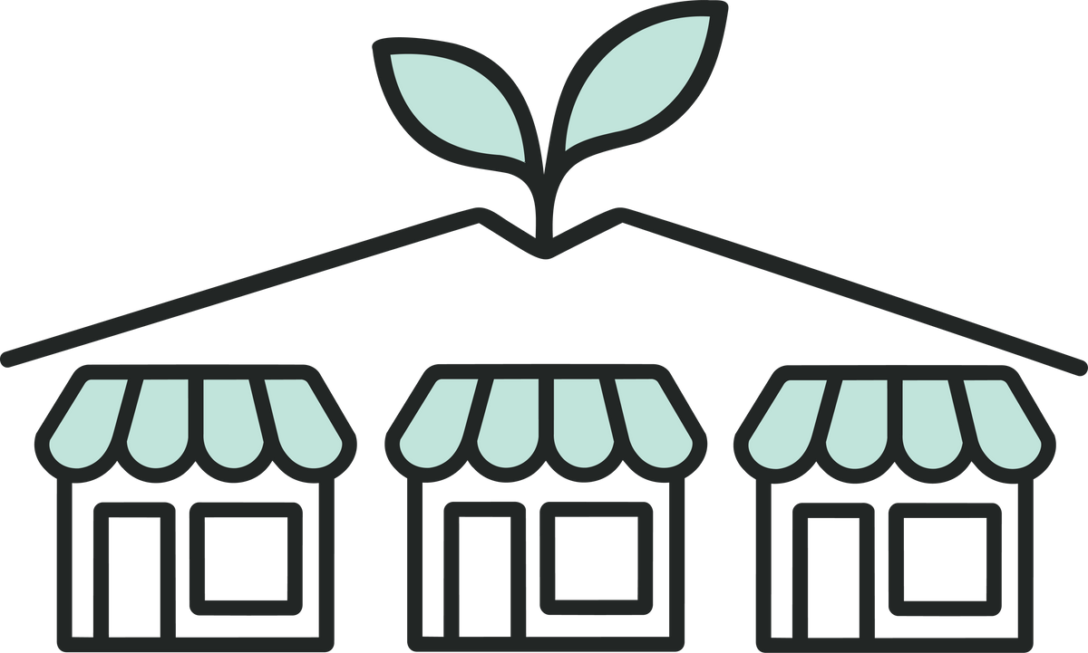 A minimalist line-art icon showing three small storefront buildings with pale mint awnings and a matching leaf sprig above, on a solid black background to represent the Evolve Collective