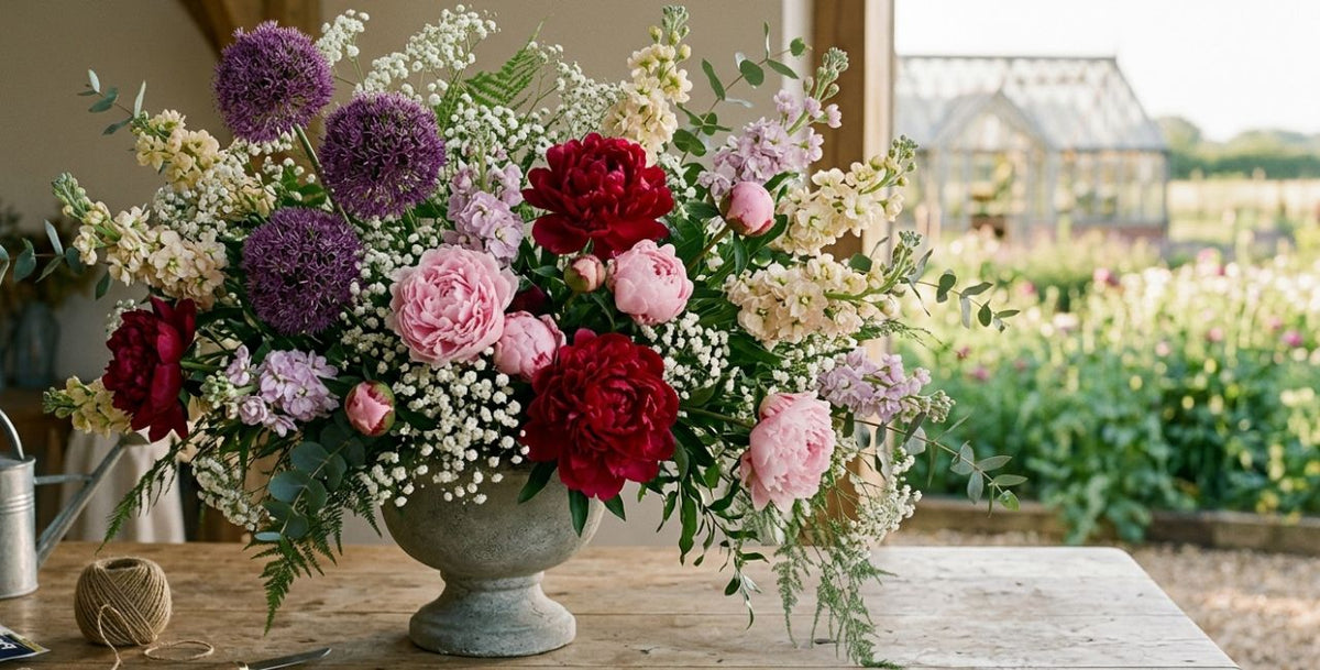 A large, vibrant floral arrangement featuring red and pink peonies, purple alliums, and cream baby's breath in a weathered stone urn, set on a rustic wooden table with a blurred greenhouse garden in the background.