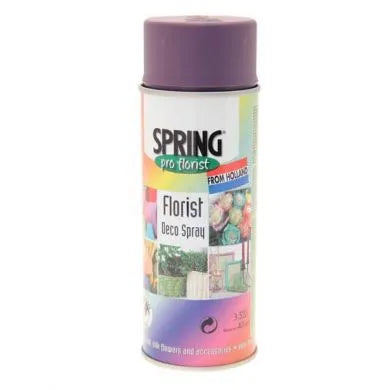A can of Spring Pro Florist Deco Spray in Regal purple color, designed for floral arrangements and decorations.