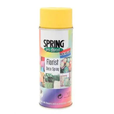 A can of Spring Pro Florist spray paint in Chrome Yellow color with floral images on the label.