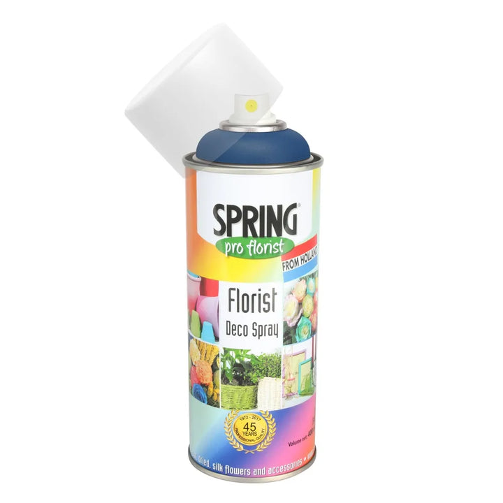 A can of Spring Pro Florist Florist Deco Spray in blue color with a label featuring images of flowers and text.
