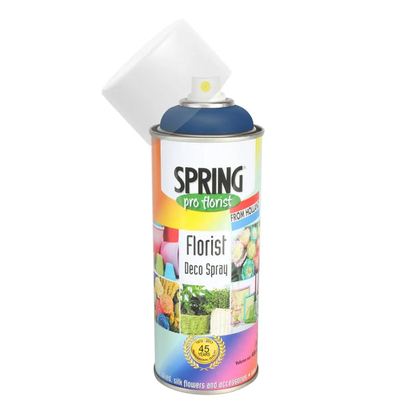 A can of Spring Pro Florist Florist Deco Spray in blue color with a label featuring images of flowers and text.