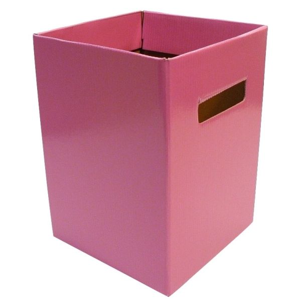 Pink rectangular storage bin with a brown handle on a white background