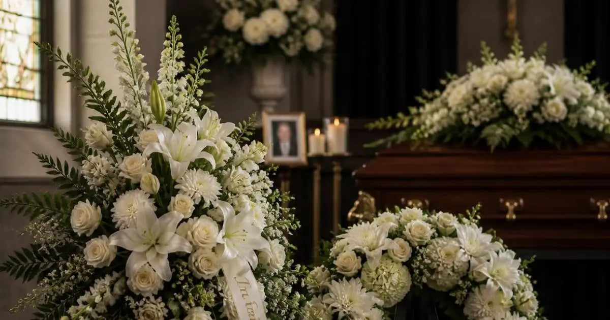 White and green floral arrangements, including lilies and roses, displayed around a dark wooden casket in a solemn indoor setting with candles and a framed portrait in the background.