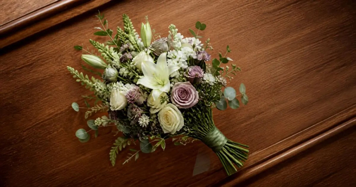 A floral bouquet with white lilies, mauve and cream roses, green foliage, and eucalyptus stems, arranged on a polished brown wooden surface.