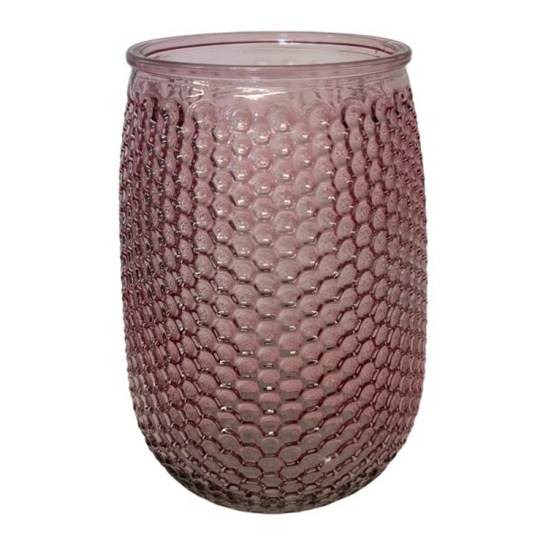 A pink glass honeycomb vase with a geometric pattern.