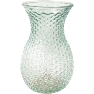 Clear glass vase with textured surface on a white background