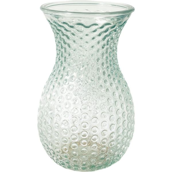 Clear glass vase with textured surface on a white background