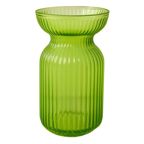 Green glass vase with ribbed texture on a white background