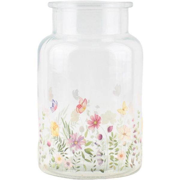 Glass jar with floral and butterfly design on a white background