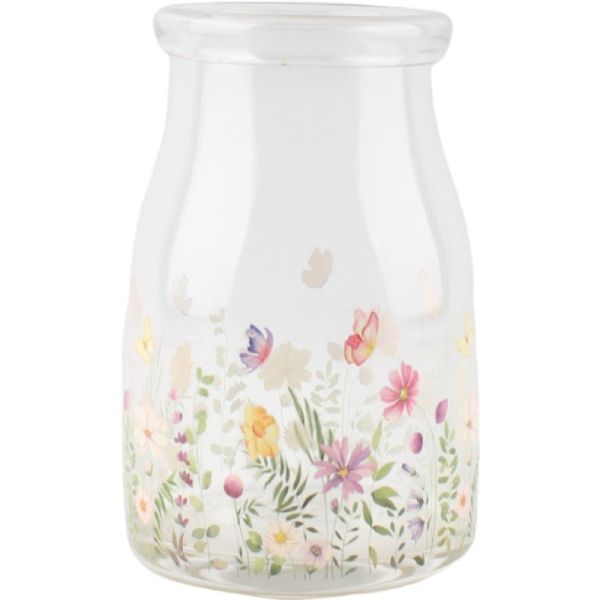 Glass jar with floral design on a white background