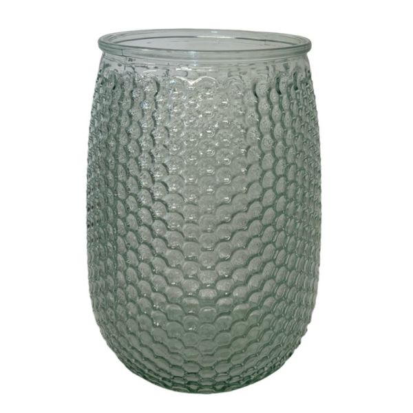 A clear glass honeycomb vase with a geometric pattern.