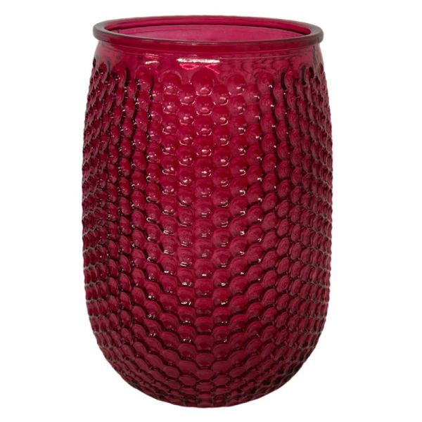 A red glass honeycomb vase with a geometric pattern.