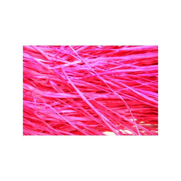 A hank of hot pink raffia, showing soft, fibrous strands characteristic of natural raffia material.