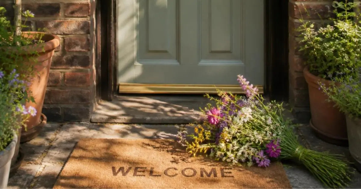 A natural brown coir doormat with the word 'WELCOME' printed in black, placed on a stone doorstep in front of a green front door. A bouquet of purple, pink, and white wildflowers rests on the right side of the mat, with potted plants on both sides.
