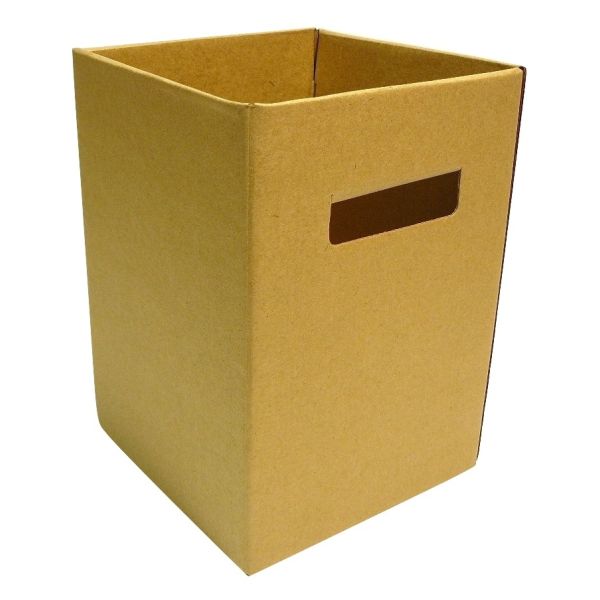 Gold-colored storage bin with a rectangular cutout on a white background