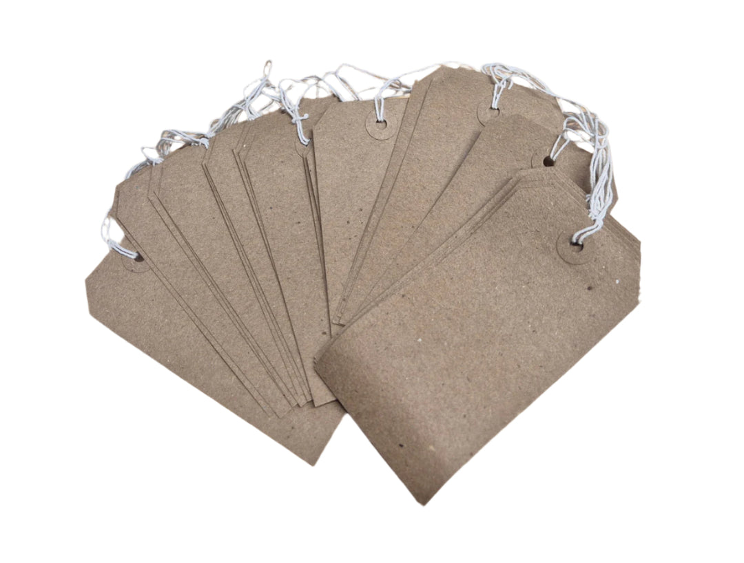 Set of brown paper tags with string on a white background