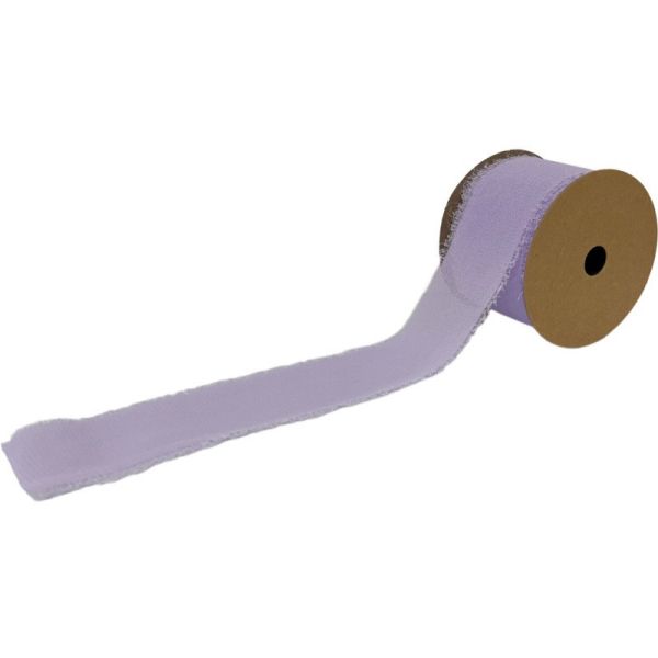 A roll of lilac chiffon ribbon with frayed edges displayed against a white background