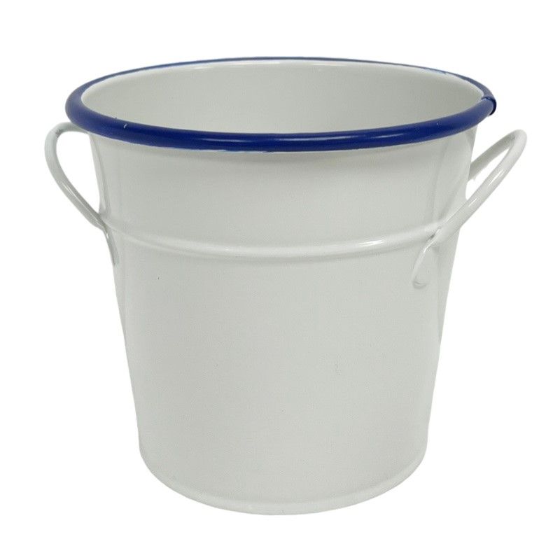 White bucket with blue rim on a white background