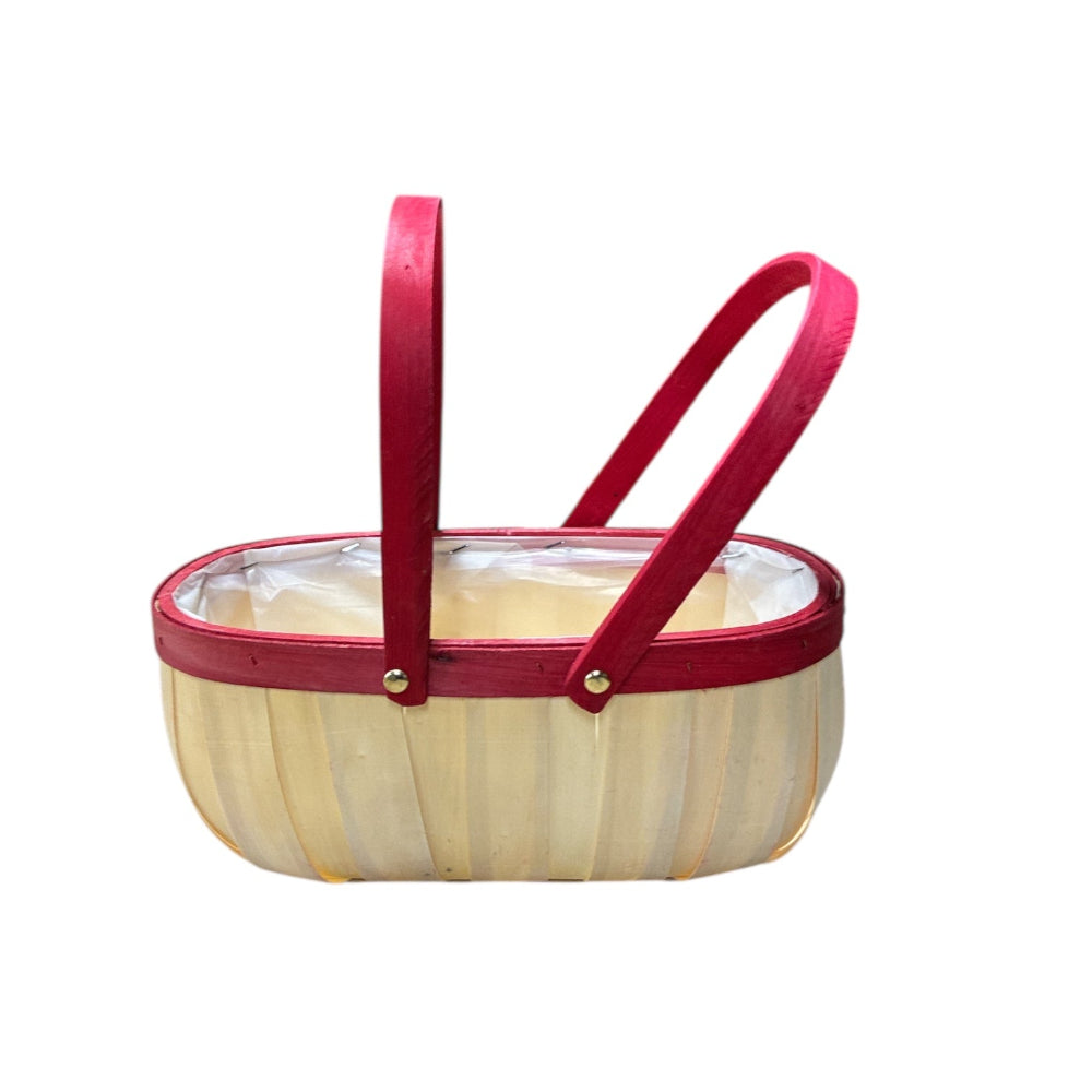Natural wooden trug basket with red trim, folding handle, lined interior, wholesale planter ideal for Valentine’s Day displays