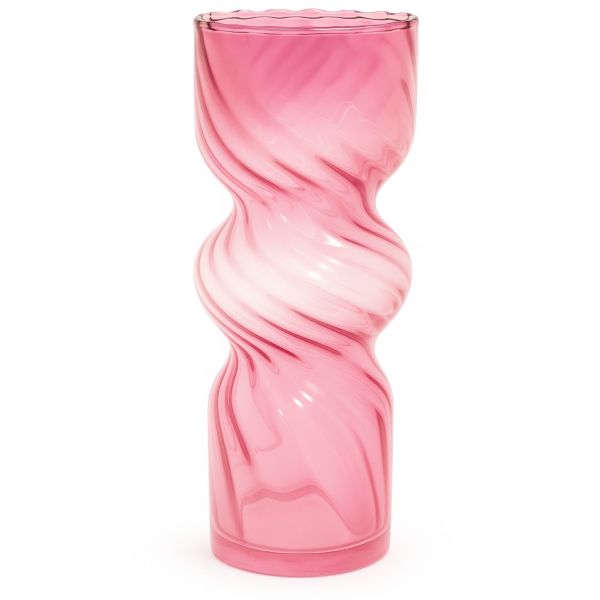Pink glass vase with wavy design on a white background