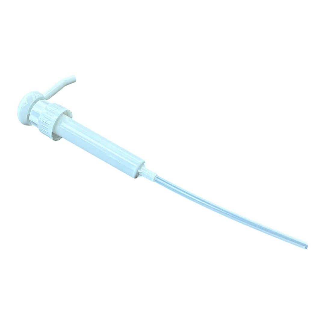 A light blue plastic pump dispenser with a long, thin nozzle, shown against a plain white background.