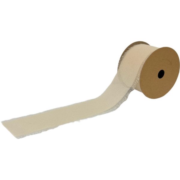 A roll of beige chiffon ribbon with a frayed edge, unrolled to show the texture and color.