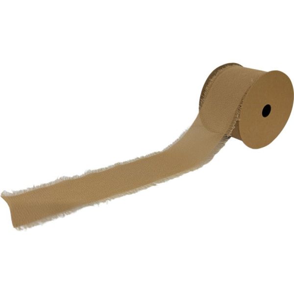 A roll of coffee chiffon ribbon with frayed edges displayed on a plain background