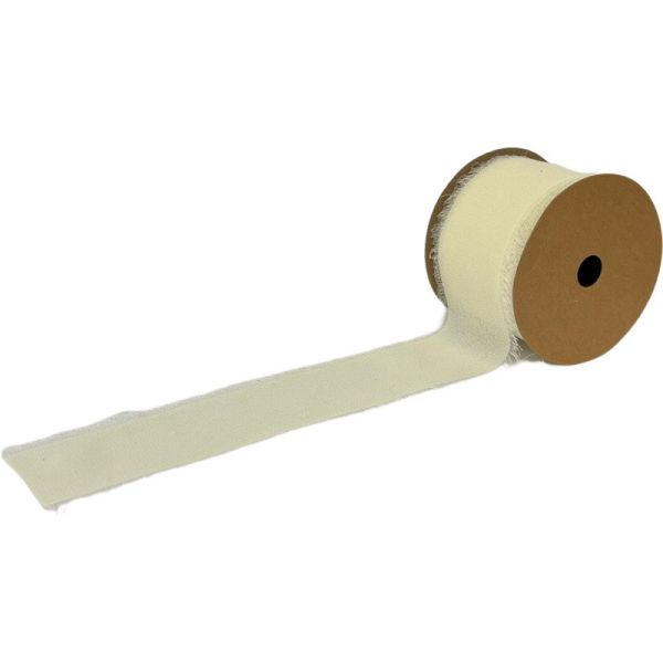 A roll of ivory chiffon ribbon with a frayed edge, displayed on a brown paper core.
