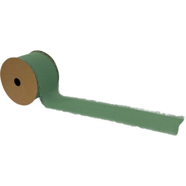 A roll of sage green chiffon ribbon with a frayed edge displayed on a plain background