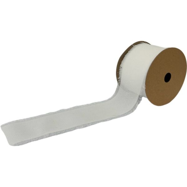 A roll of white chiffon ribbon with a frayed edge, displayed on a brown cardboard core.