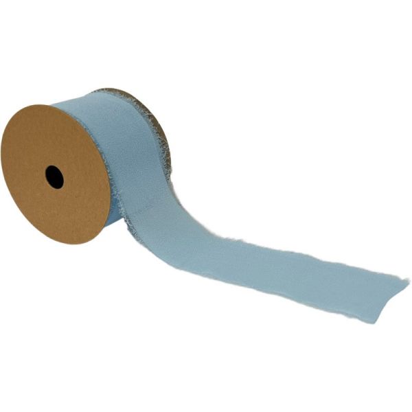 A roll of blue chiffon ribbon with a frayed edge, displayed on a brown paper core.