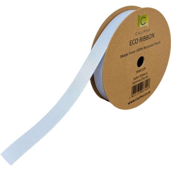 A roll of double faced satin ribbon in baby blue color, labeled as ECO RIBBON, made from recycled plastic bottles.
