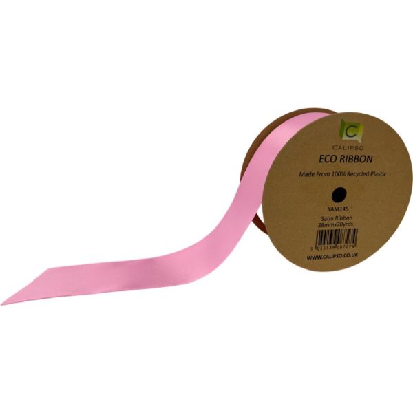 A roll of pink double faced satin ribbon with eco-friendly packaging indicating the ribbon is made from recycled plastic bottles.