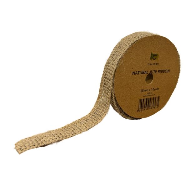 Roll of natural jute ribbon on a white background