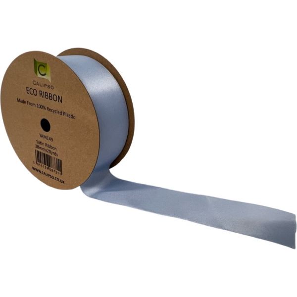 A roll of double faced baby blue satin ribbon with eco-friendly packaging indicating the ribbon is made from recycled plastic bottles.