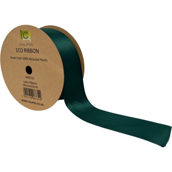 Spool of green eco-ribbon with a cardboard tube on a white background