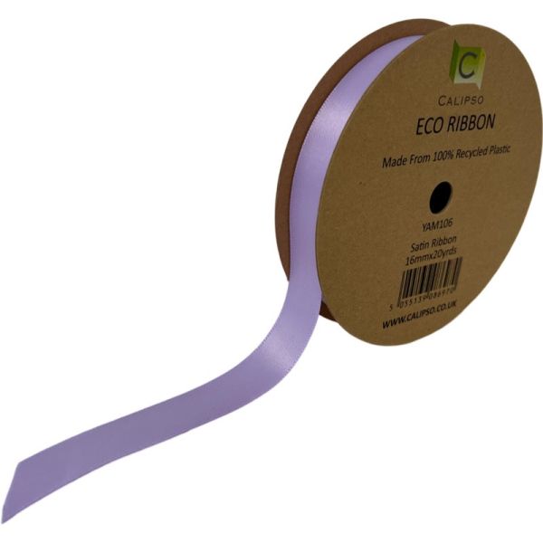 A roll of double faced lilac satin ribbon with eco-friendly packaging indicating that it is made from recycled plastic bottles.