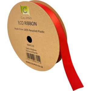 Spool of red eco ribbon on a cardboard reel with &