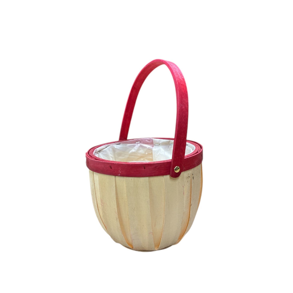 Round natural wooden basket with red trim, folding handle, lined interior, wholesale planter for Valentine’s Day displays