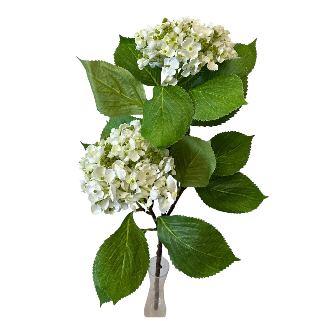 Artificial white hydrangea flower arrangement with green leaves on a white background